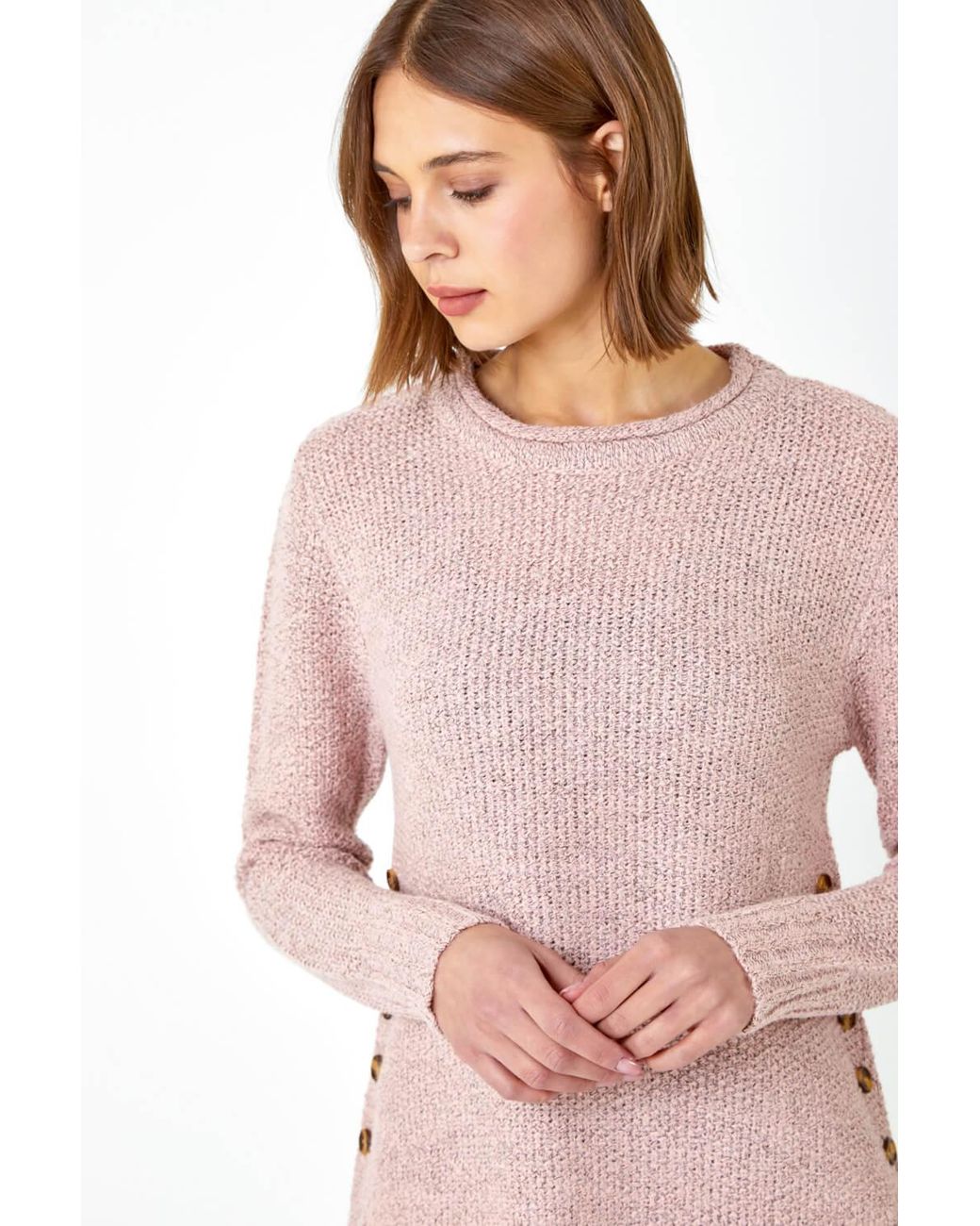 Roman Pink Button Detail Curved Hem Jumper