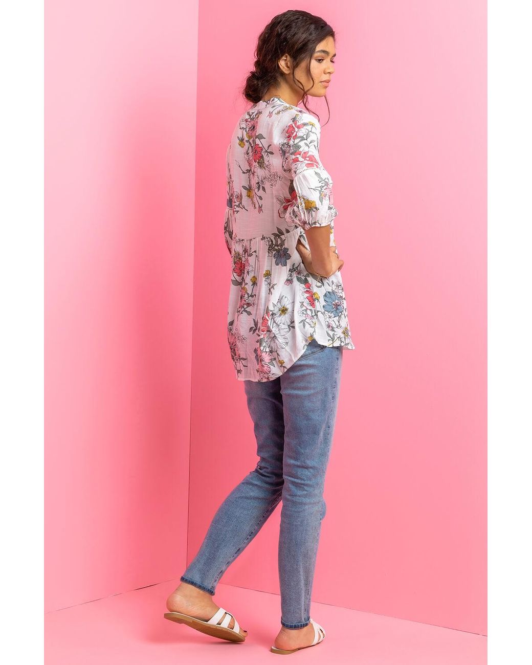 Roman White Floral Print Notch Neck Tunic Top
