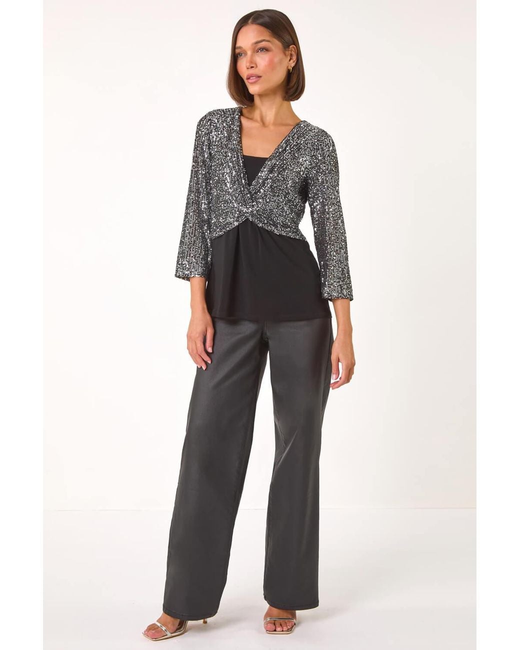 Roman Gray Sequin Bodice V-Neck Stretch Top