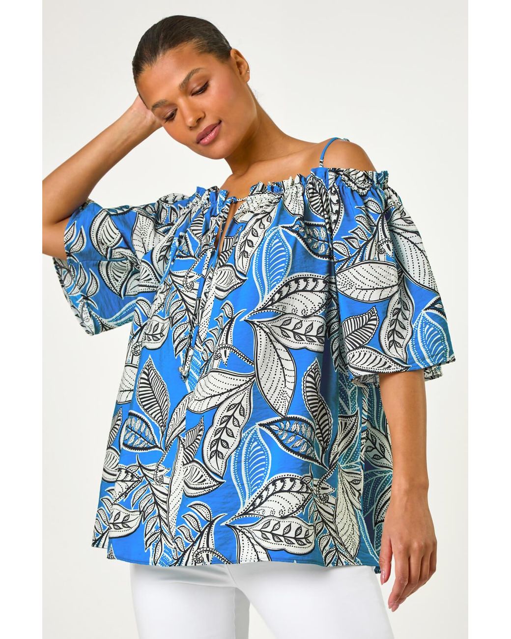 Roman Blue Leaf Print Cold Shoulder Bardot Top