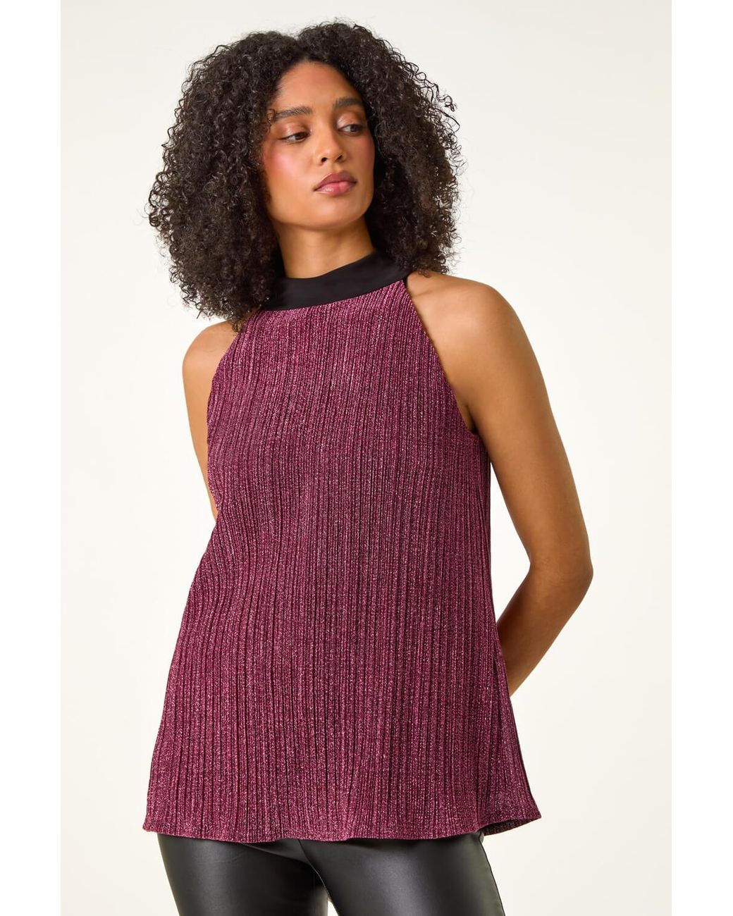 Roman Multicolor Glitter Plisse Halter Neck Top