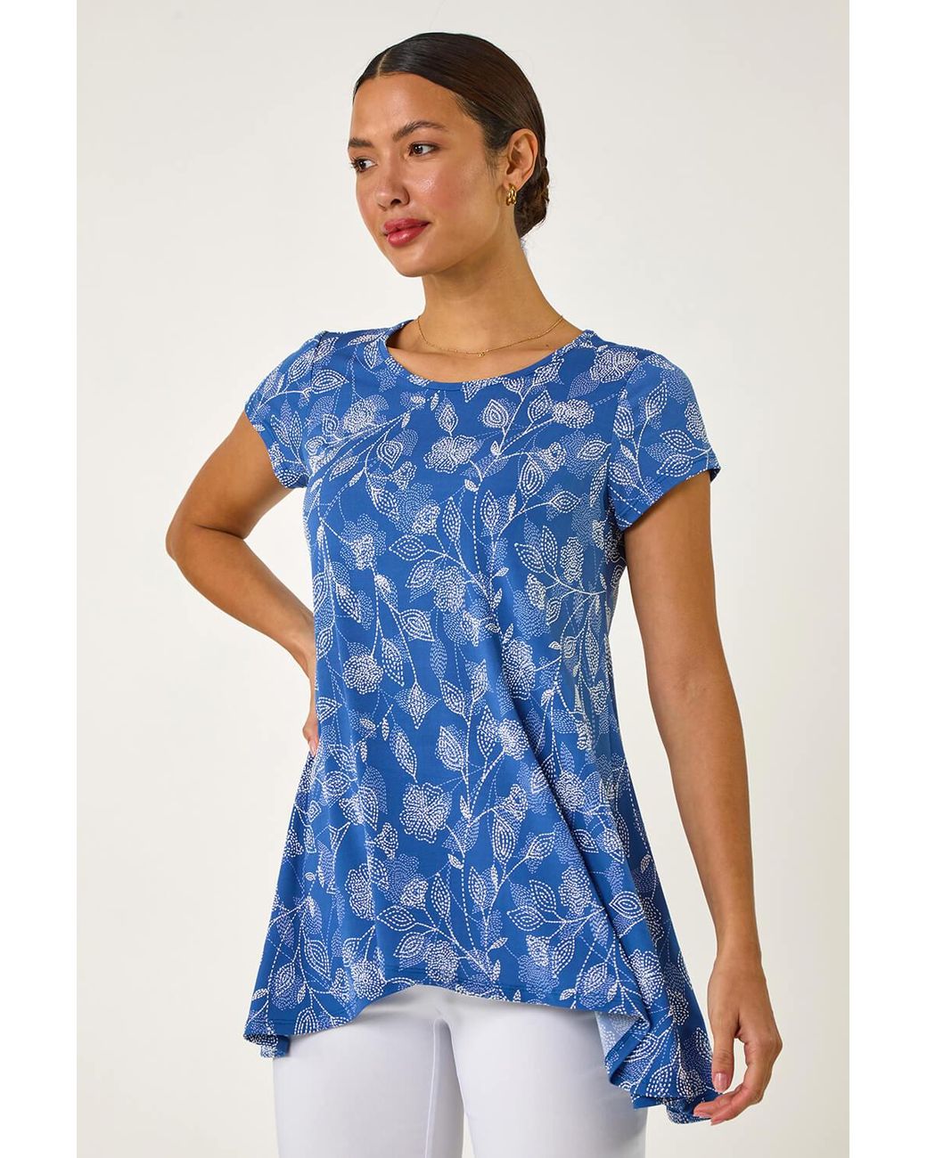 Roman Blue Textured Floral Print Tunic Top