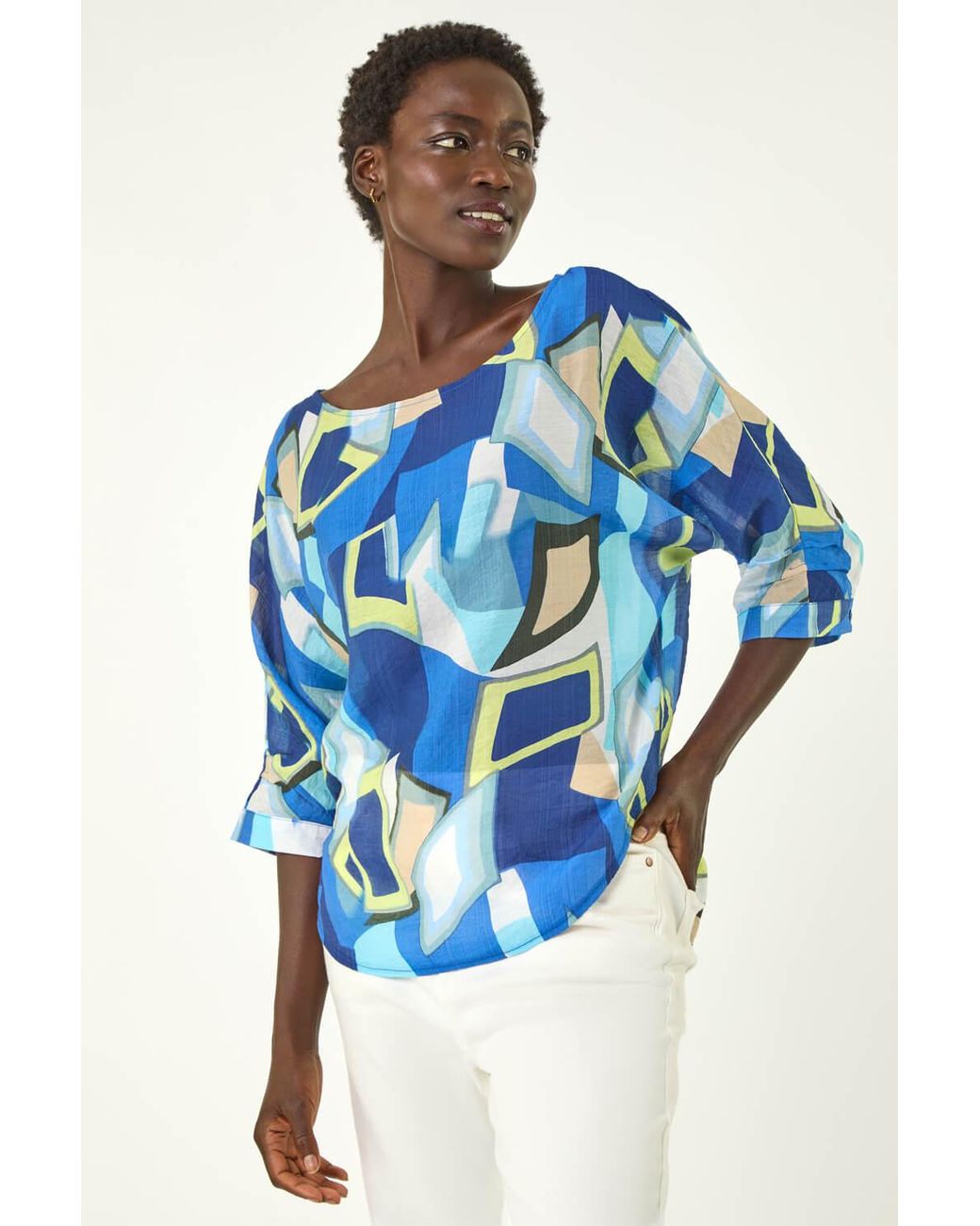 Roman Blue Abstract Print Stretch Top