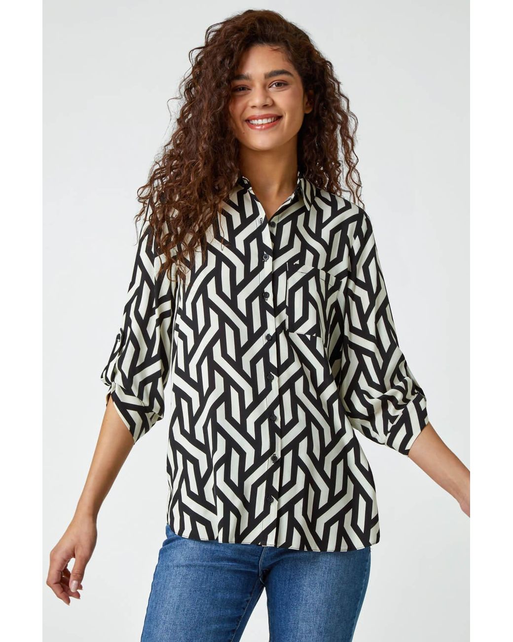 Roman Blue Geometric Print Longline Shirt