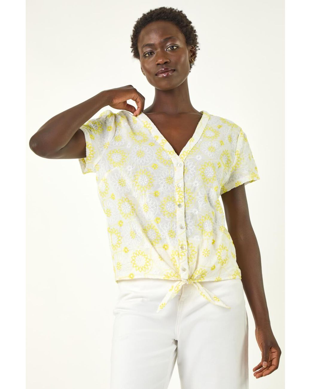 Roman Yellow Cotton Broidery Tie Front Blouse