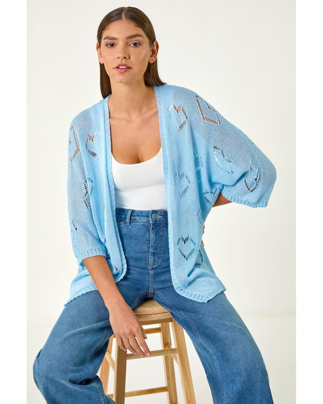 Roman Blue Pointelle Heart Knit Cardigan