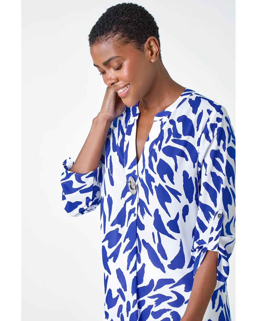 Roman Blue Abstract V-Neck Longline Button Detail Top
