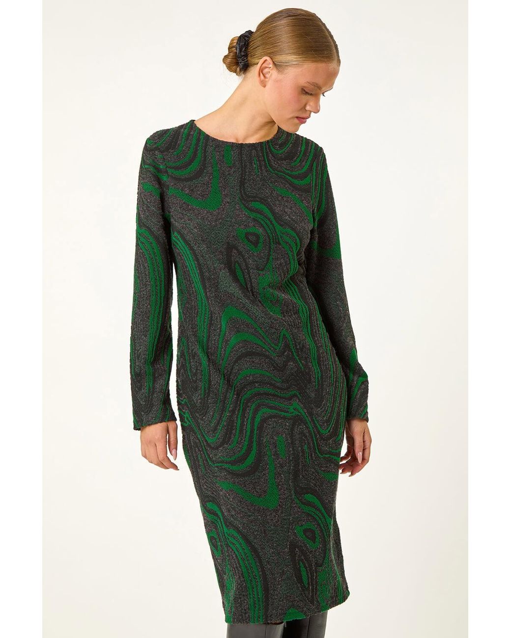 Roman Green Textured Swirl Pattern Midi Dress