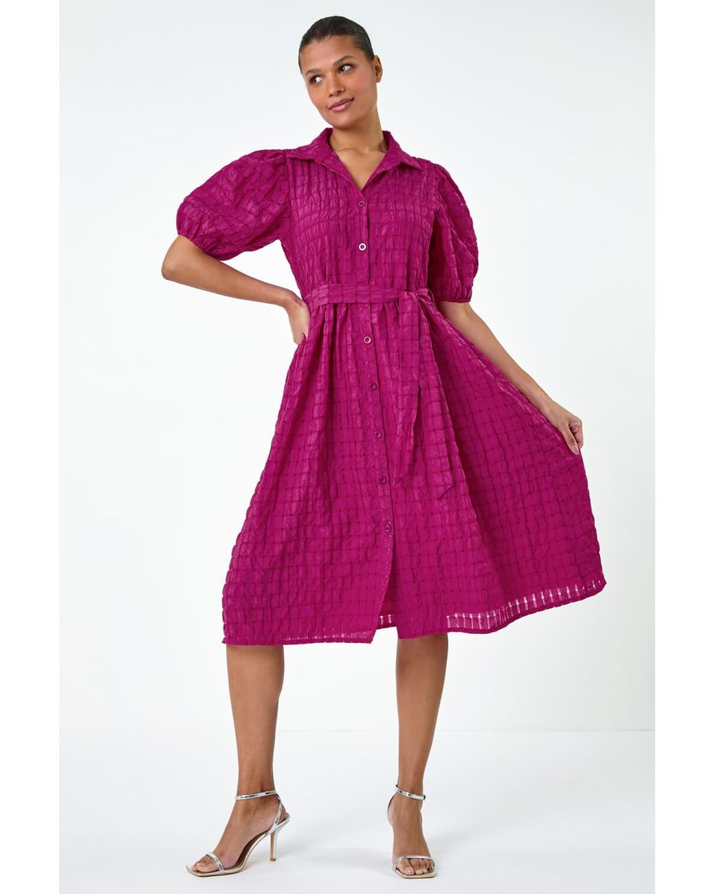 Roman Pink Textured Puff Sleeve Midi Shirt Dress