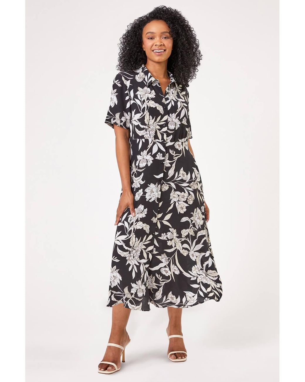 Roman Petite Black Floral Print Relaxed Shirt Dress