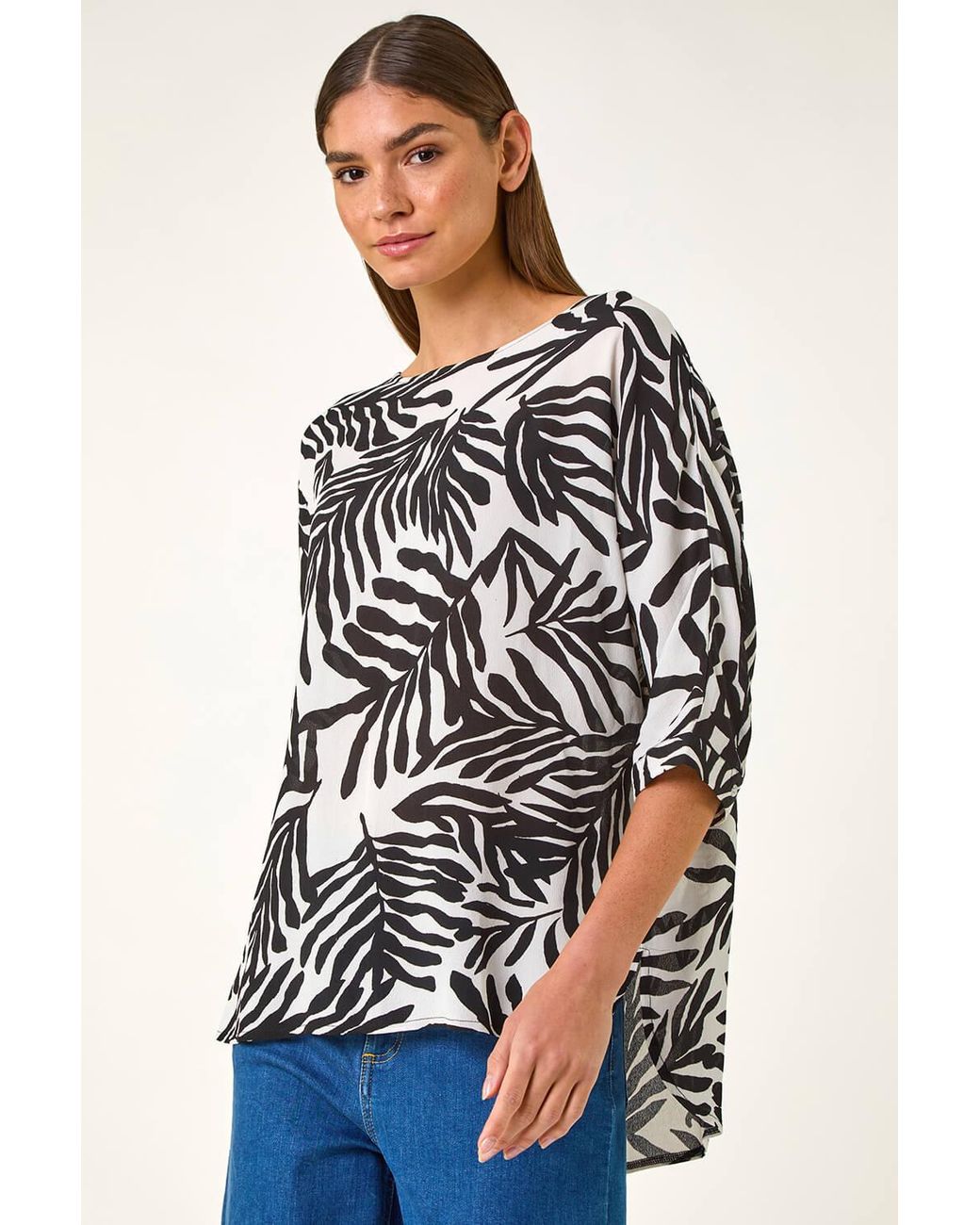 Roman Blue Leaf Print Tunic Top