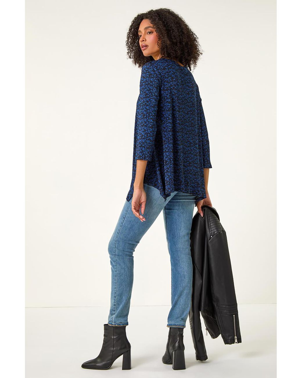 Roman Blue Printed Plisse Hanky Hem Tunic Stretch Top