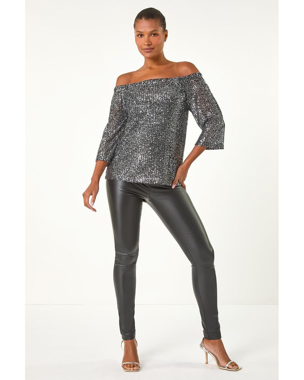 Roman Gray Sequin Detail Bardot Top