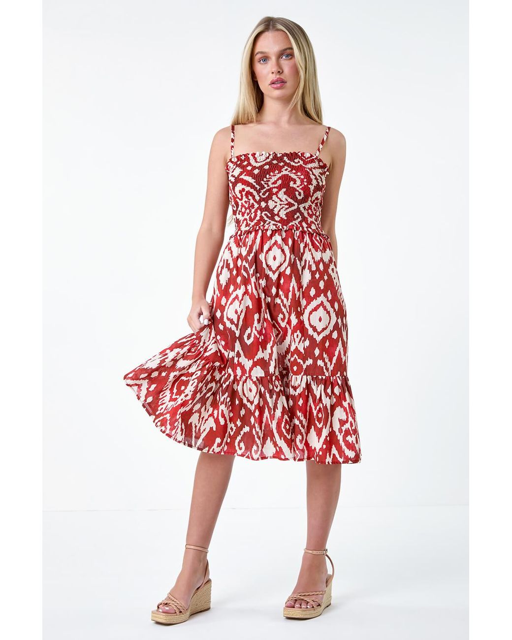 Roman Petite Aztec Strappy Shirred Dress