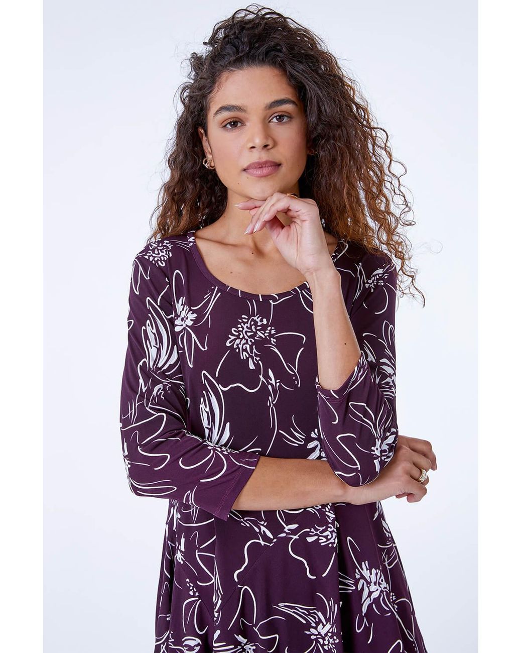Roman Purple Linear Floral Print Hanky Hem Top