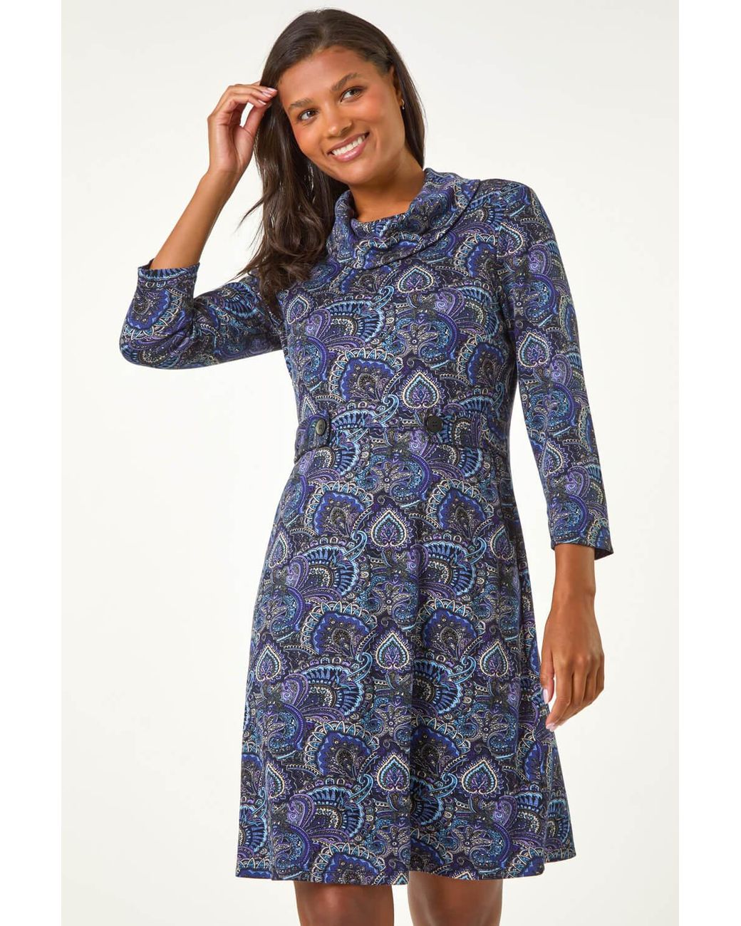 Roman Blue Abstract Cowl Tab Detail Dress