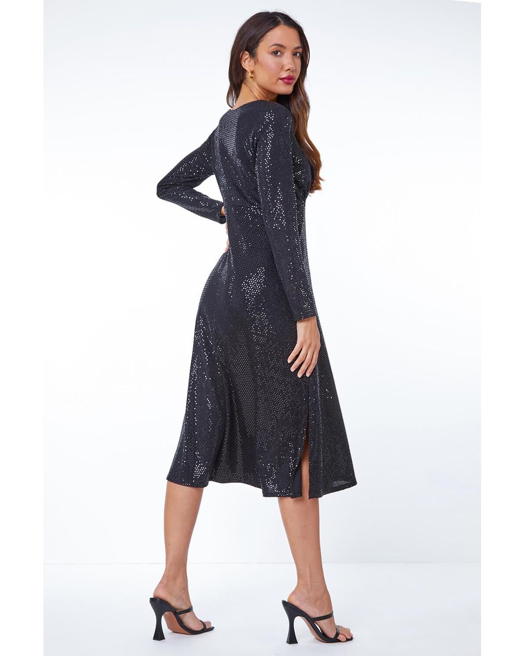 Roman Blue Sequin Keyhole Detail Ruched Midi Dress