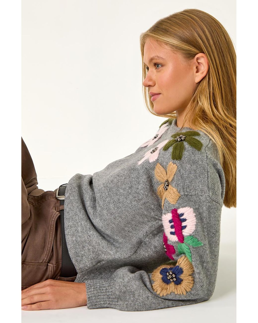 Roman Gray Floral Embellished Crew Jumper