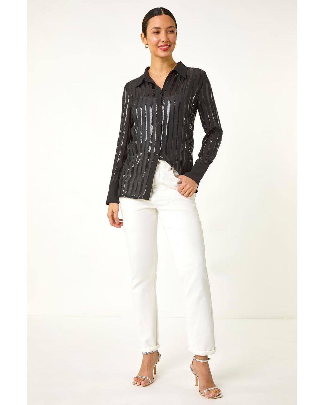 Roman Gray Sequin Stripe Button Shirt