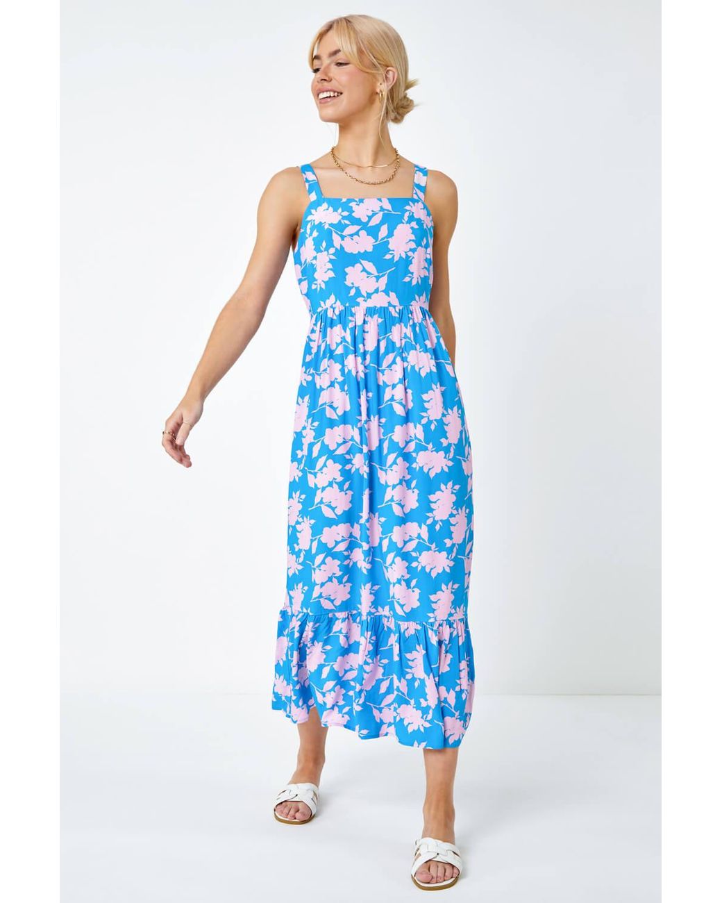 D.u.s.k Blue Sleeveless Floral Tiered Midi Dress