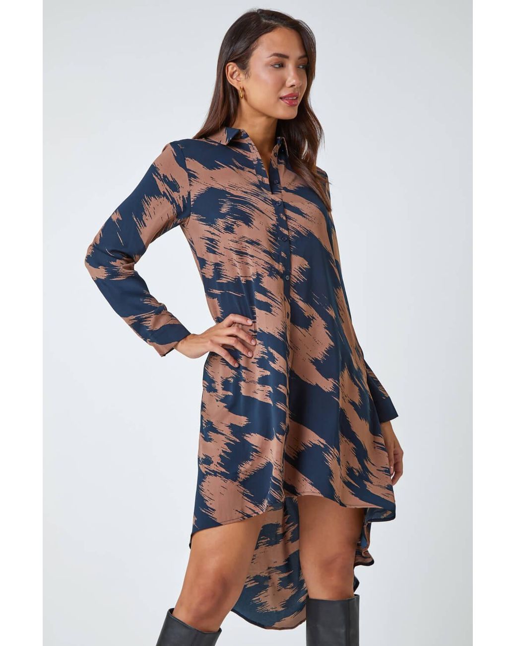 Roman Blue Hi Low Abstract Print Shirt Dress