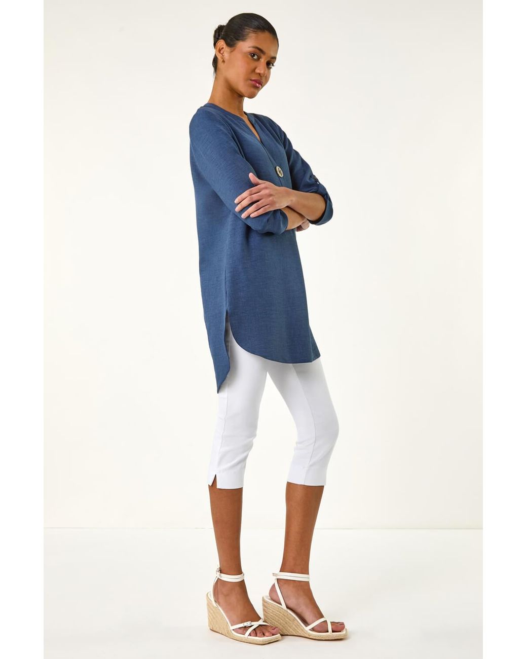 Roman Blue Horn Button Detail Longline Top