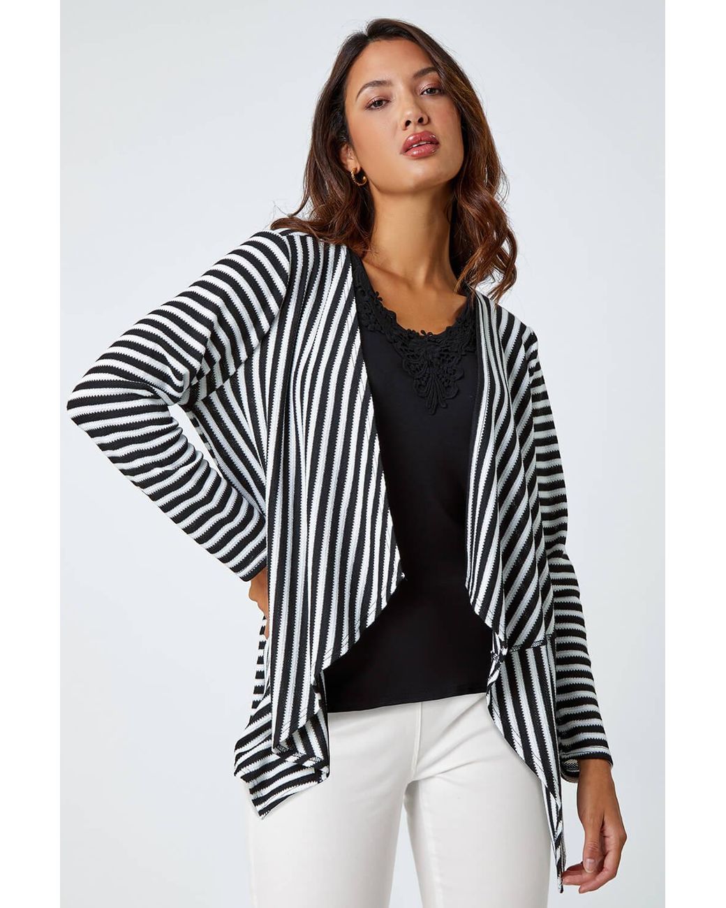 Roman Black Stripe Cardigan & Lace Vest Stretch Top