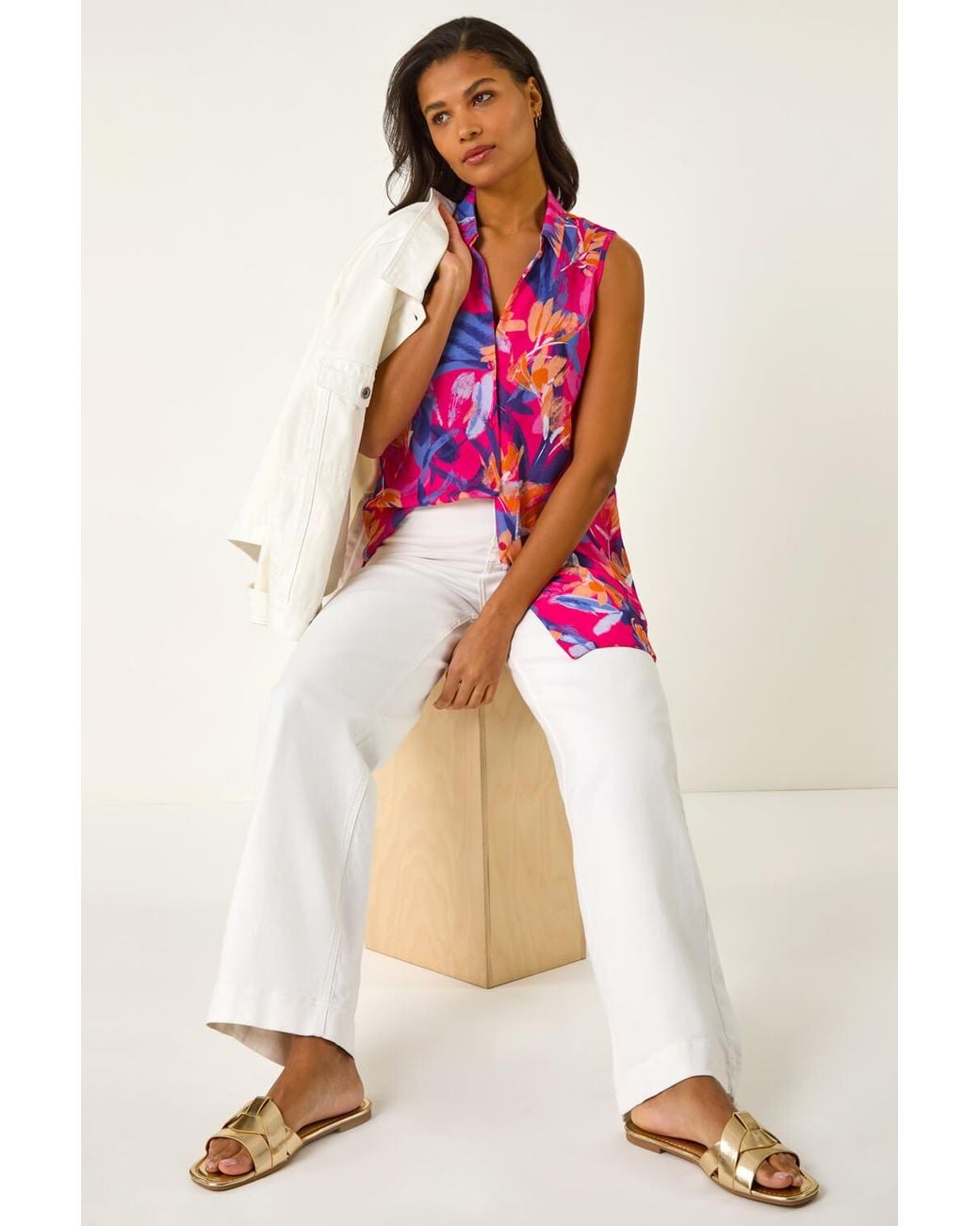 Roman Pink Floral Print Sleeveless Blouse