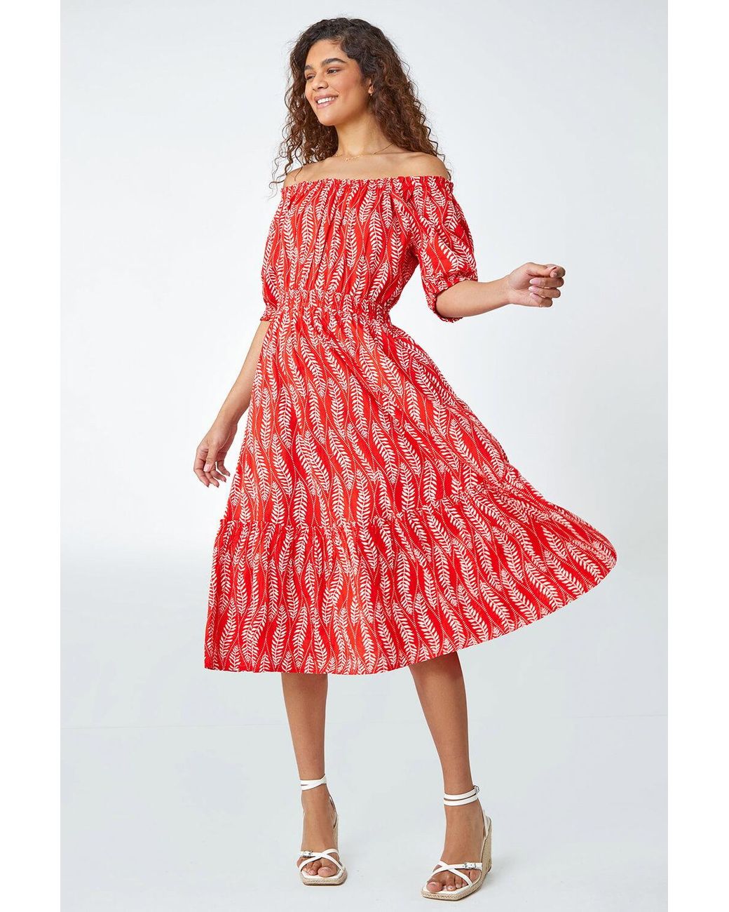 Roman Red Leaf Print Stretch Neck Midi Dress