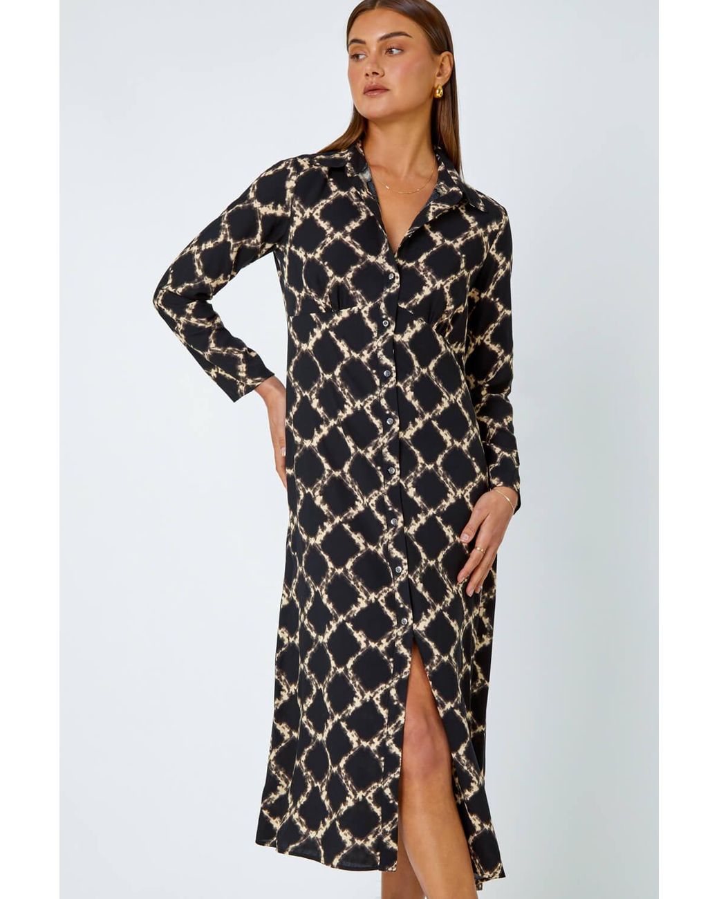 Roman Black Chain Print Midi Shirt Dress
