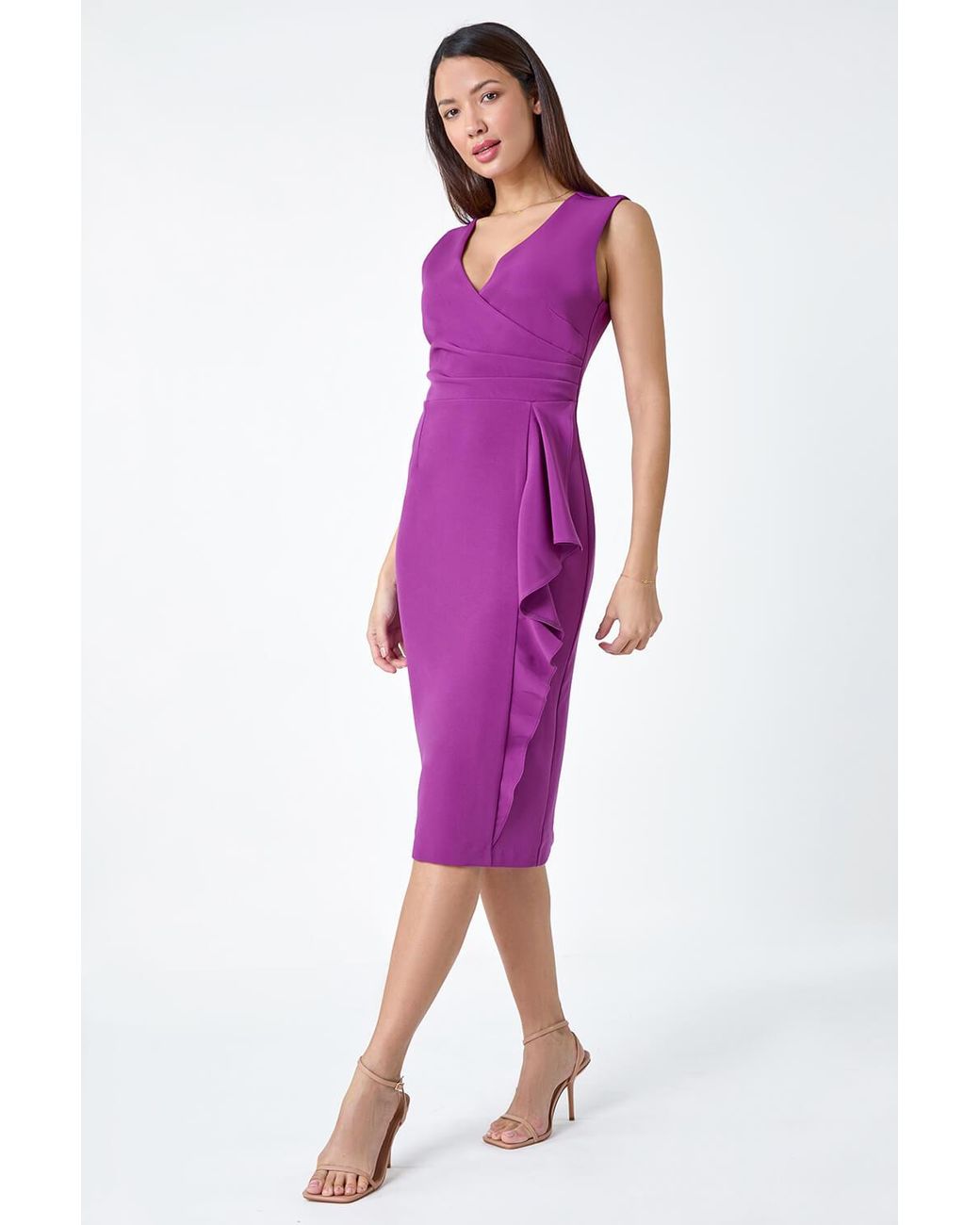 Roman Purple Wrap Draped Crepe Stretch Bodycon Dress