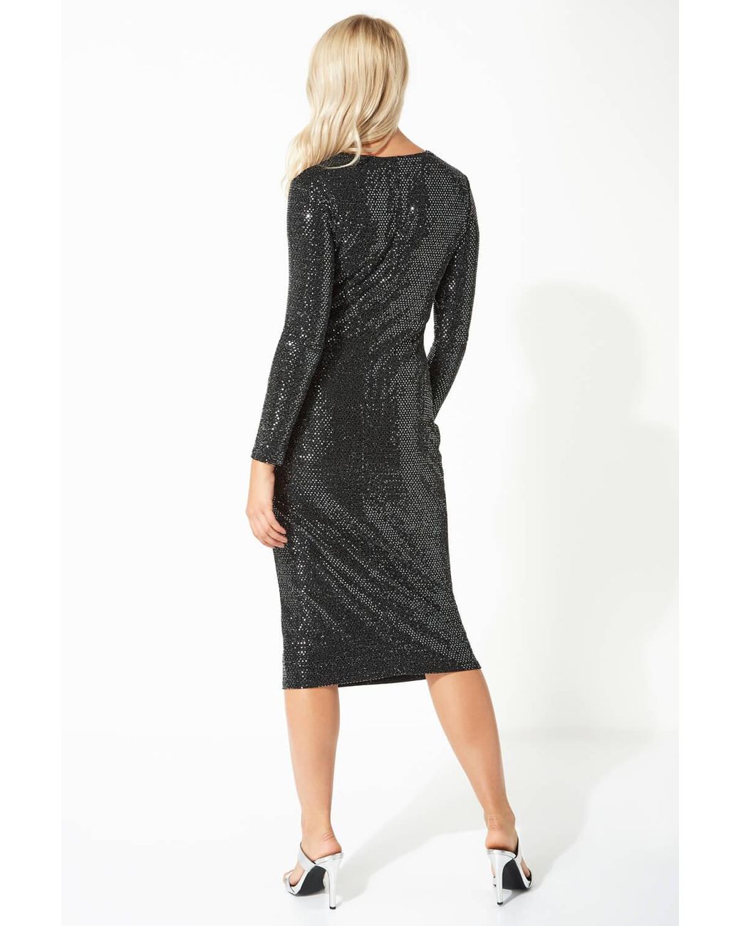 Roman Gray Sparkle Twist Front Midi Dress