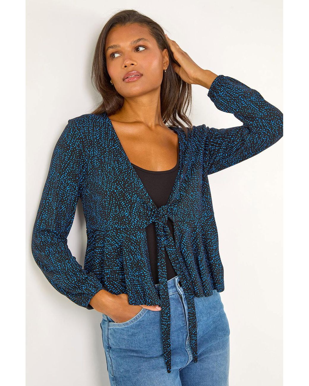 Roman Blue Abstract Print Tie-Front Frill Cardigan