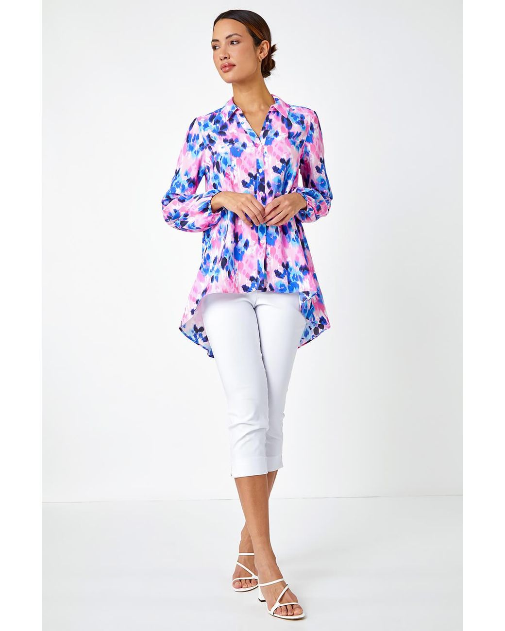 Roman Blue Abstract Print Dropped Hem Blouse