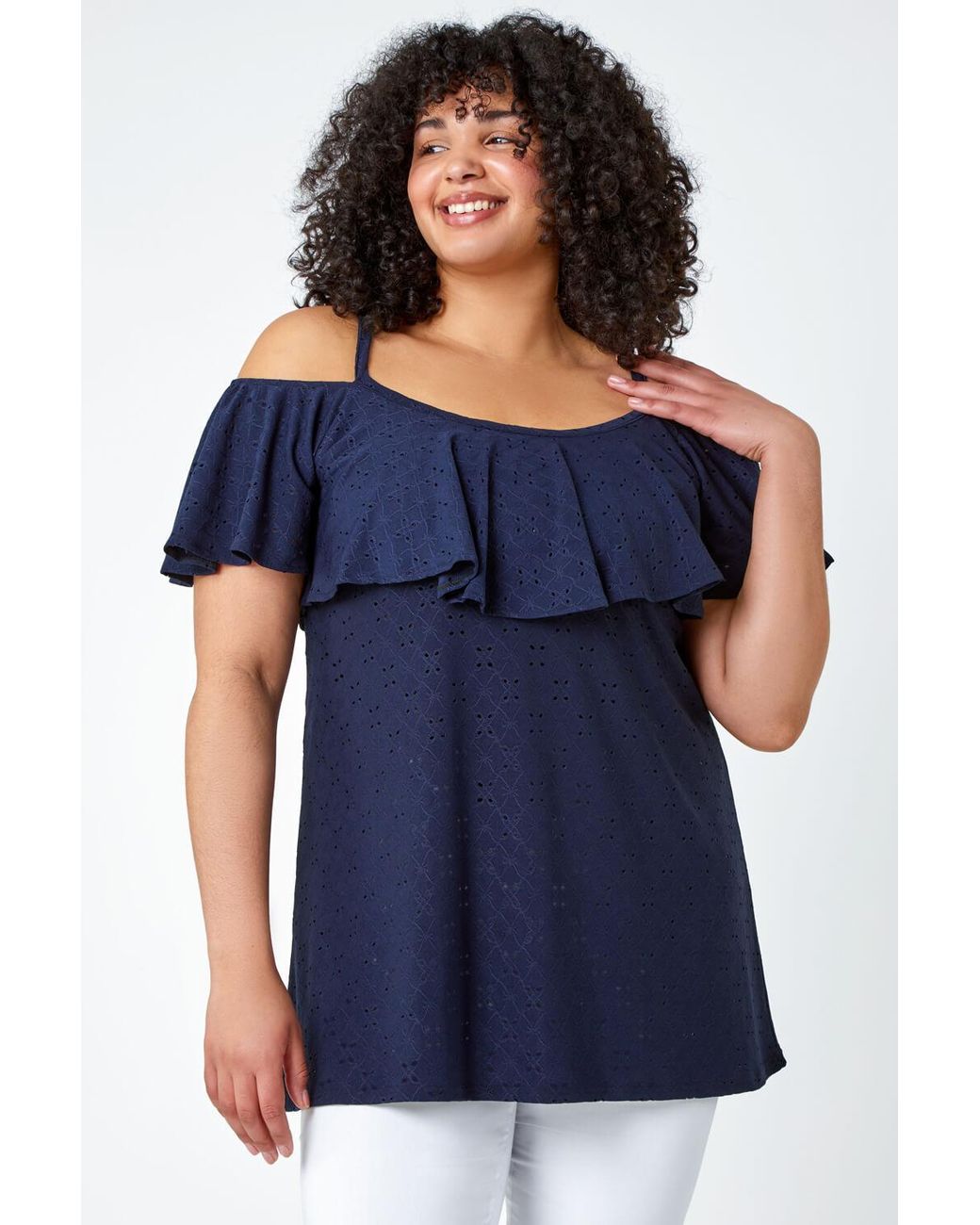 Roman Curve Blue Cold Shoulder Frill Detail Top