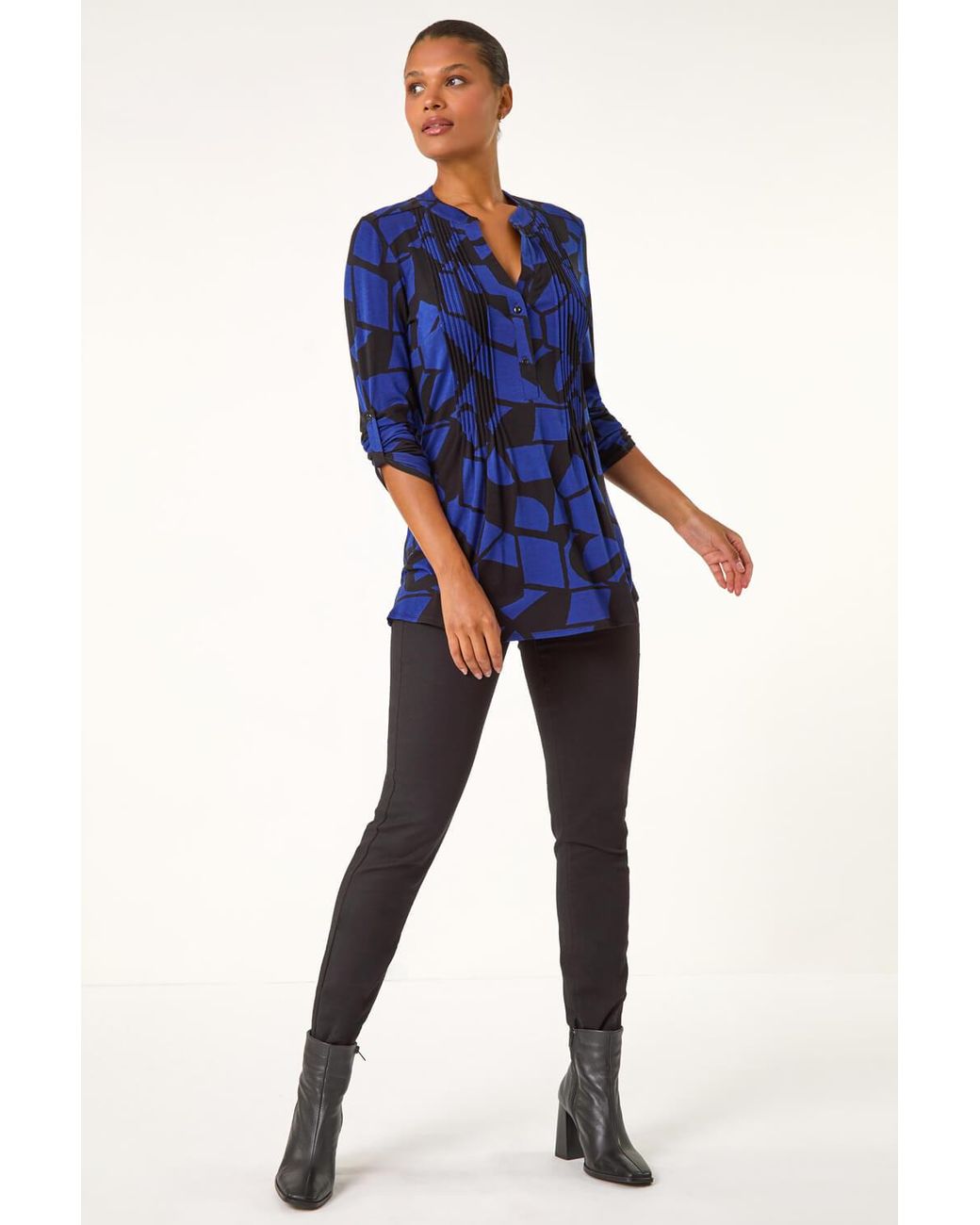 Roman Blue Geometric Print Pintuck Shirt