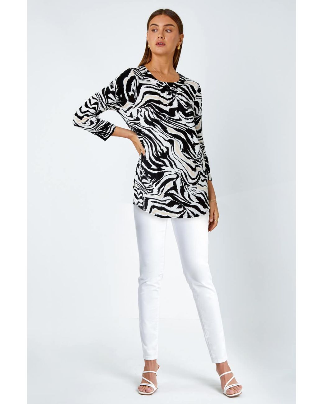 Roman Black Animal Print Pleated Stretch Top