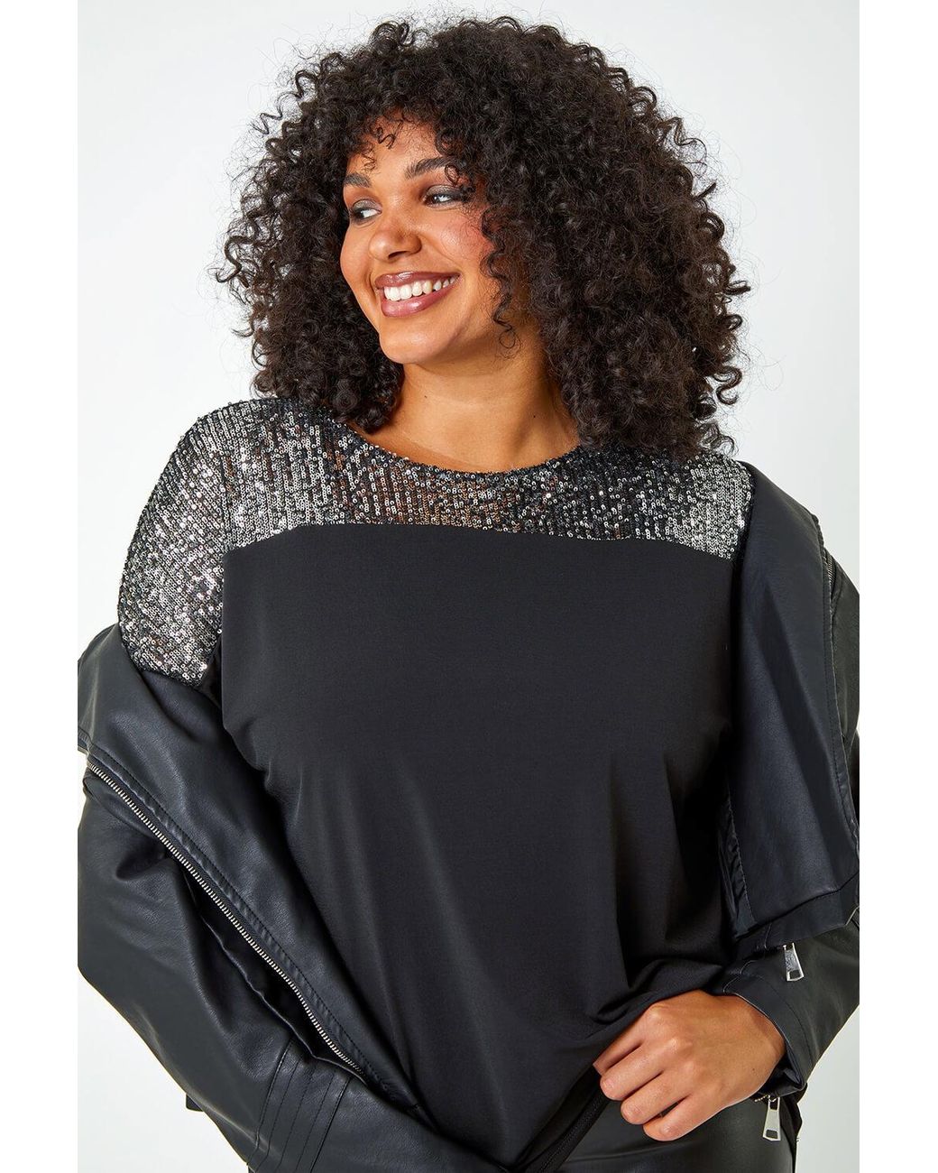 Roman Curve Black Sequin Embellished Stretch Top