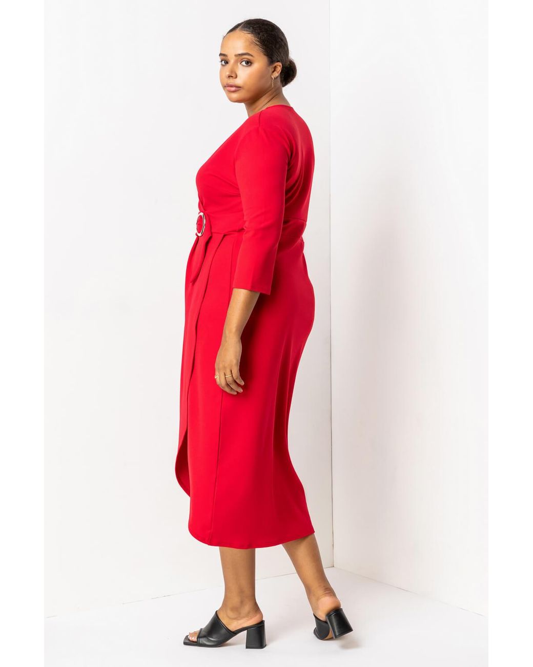 Roman Curve Red Buckled Belt Ruched Wrap Dress