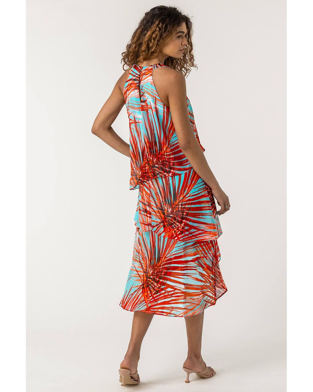 Roman Multicolor Layered Chiffon Tropical Print Dress
