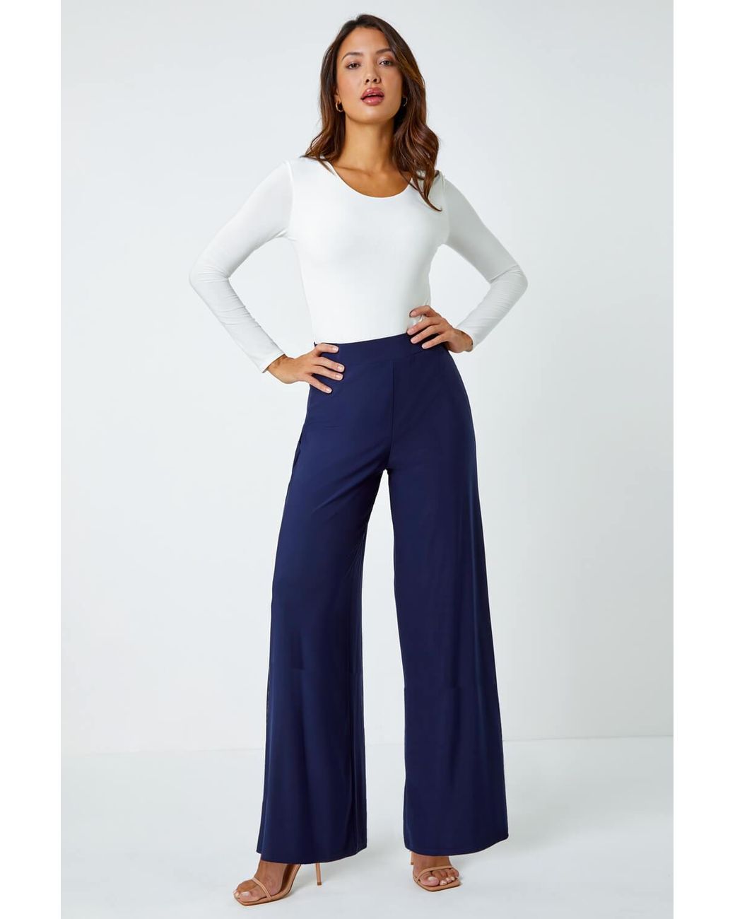 Roman Blue Elastic Waist Wide Leg Stretch Trousers