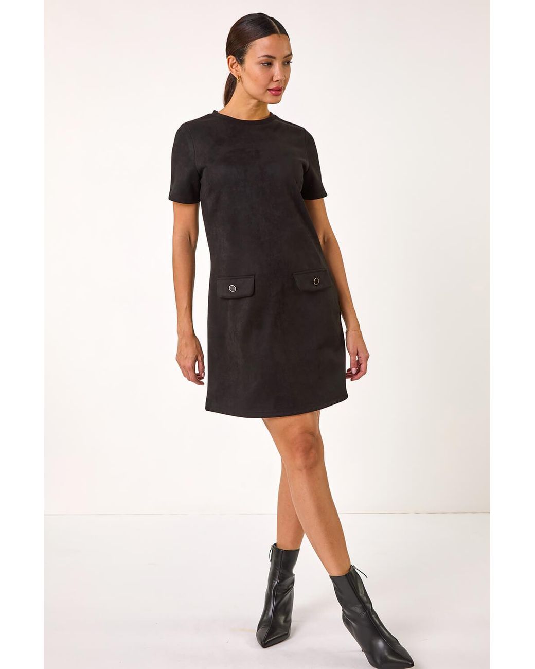 Roman Black Suedette Button Shift Stretch Dress