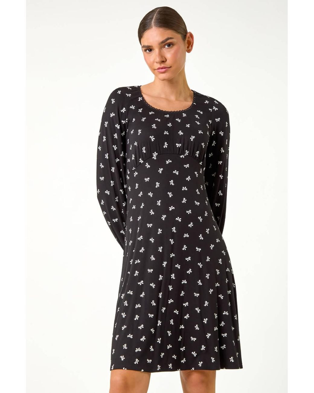 Roman Black Bow Print Lace Detail Stretch Dress