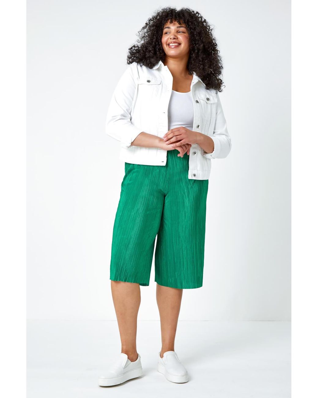 Roman Curve Green Elastic Waist Plisse Culotte Trousers