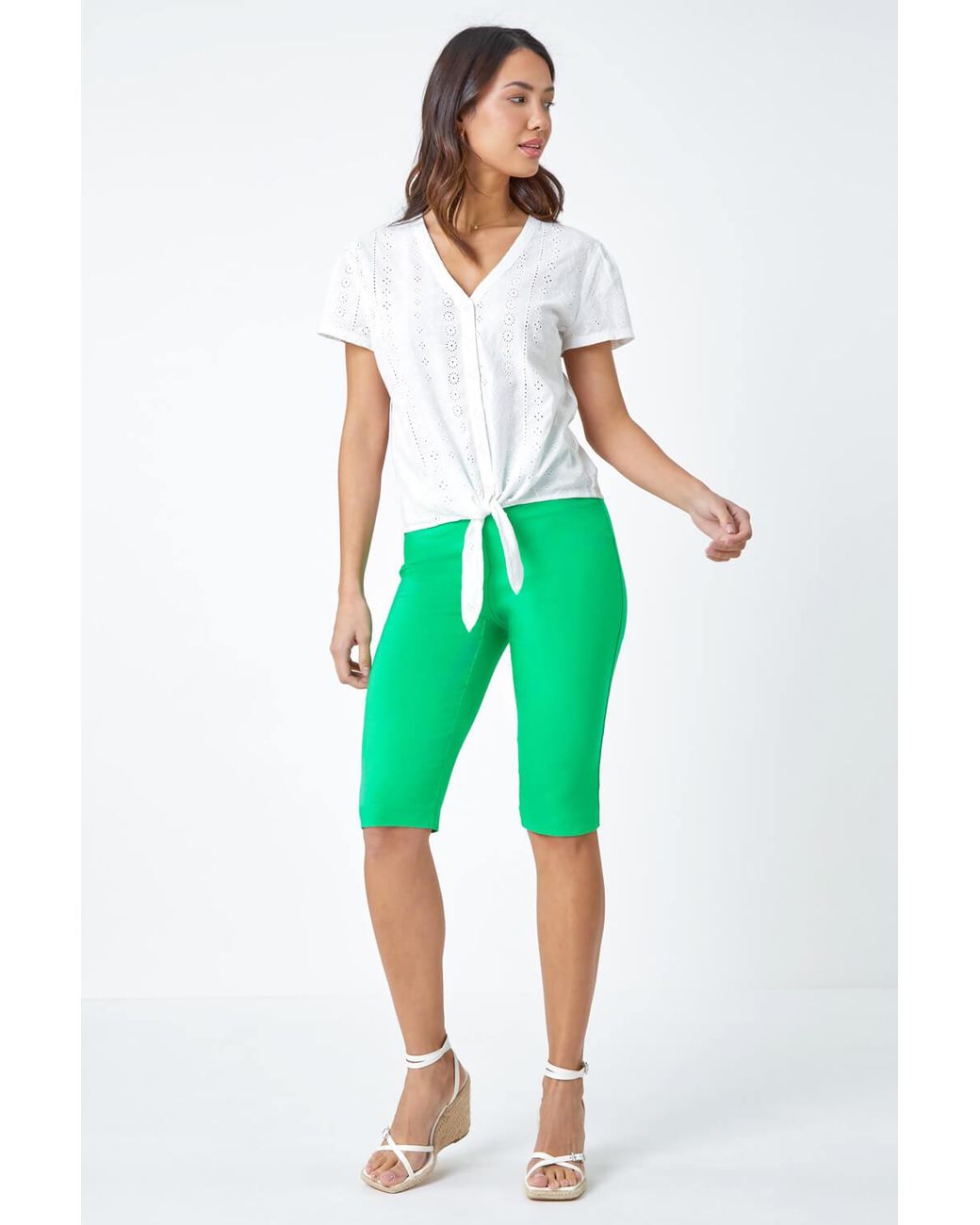 Roman Green Elastic Waist Knee Length Stretch Shorts