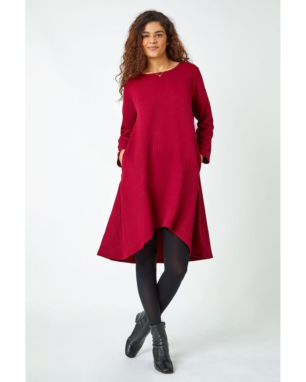 Roman Red Ribbed Asymmetric Stretch Dress