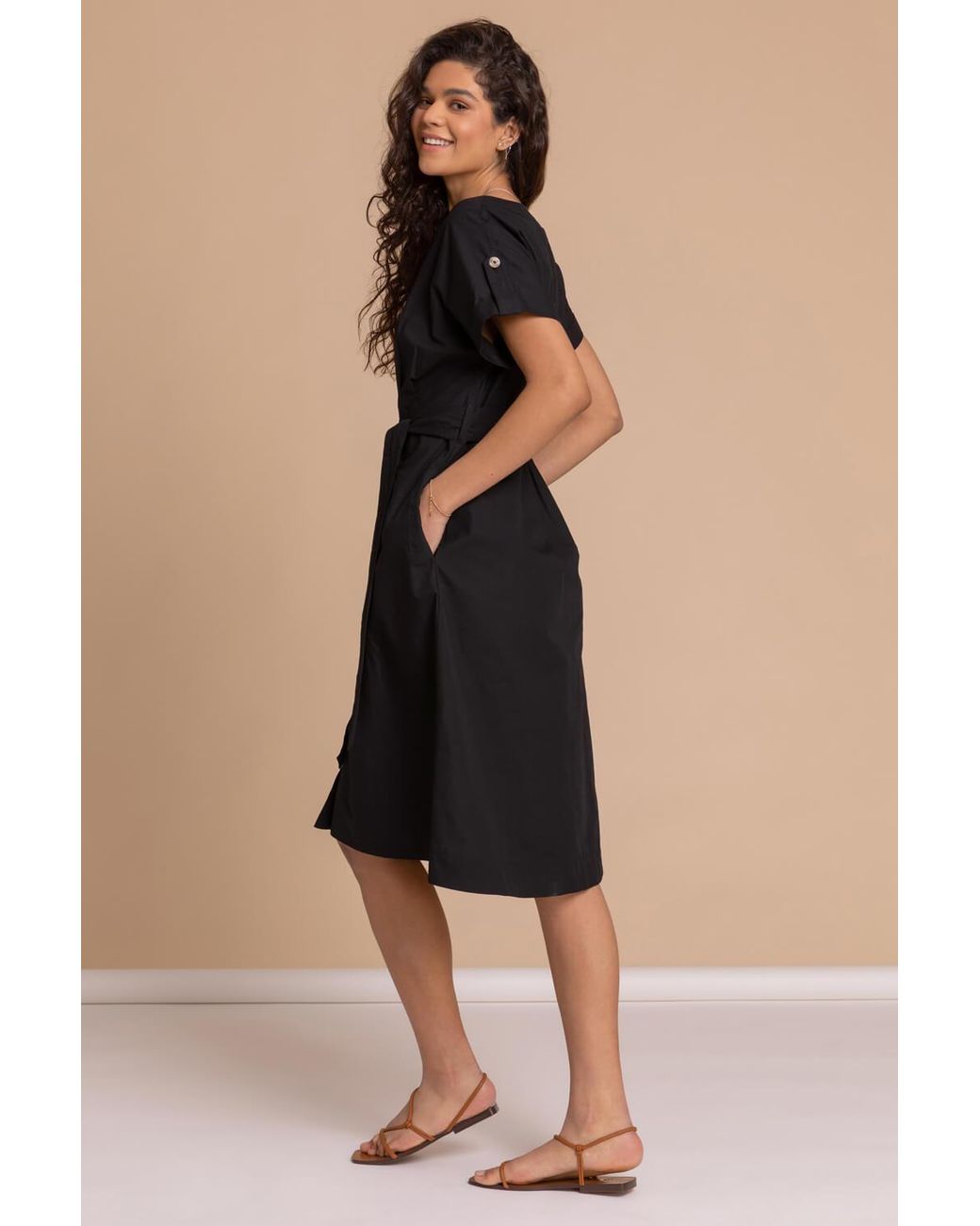 Roman Black Cotton Belted Midi Shirt Dress