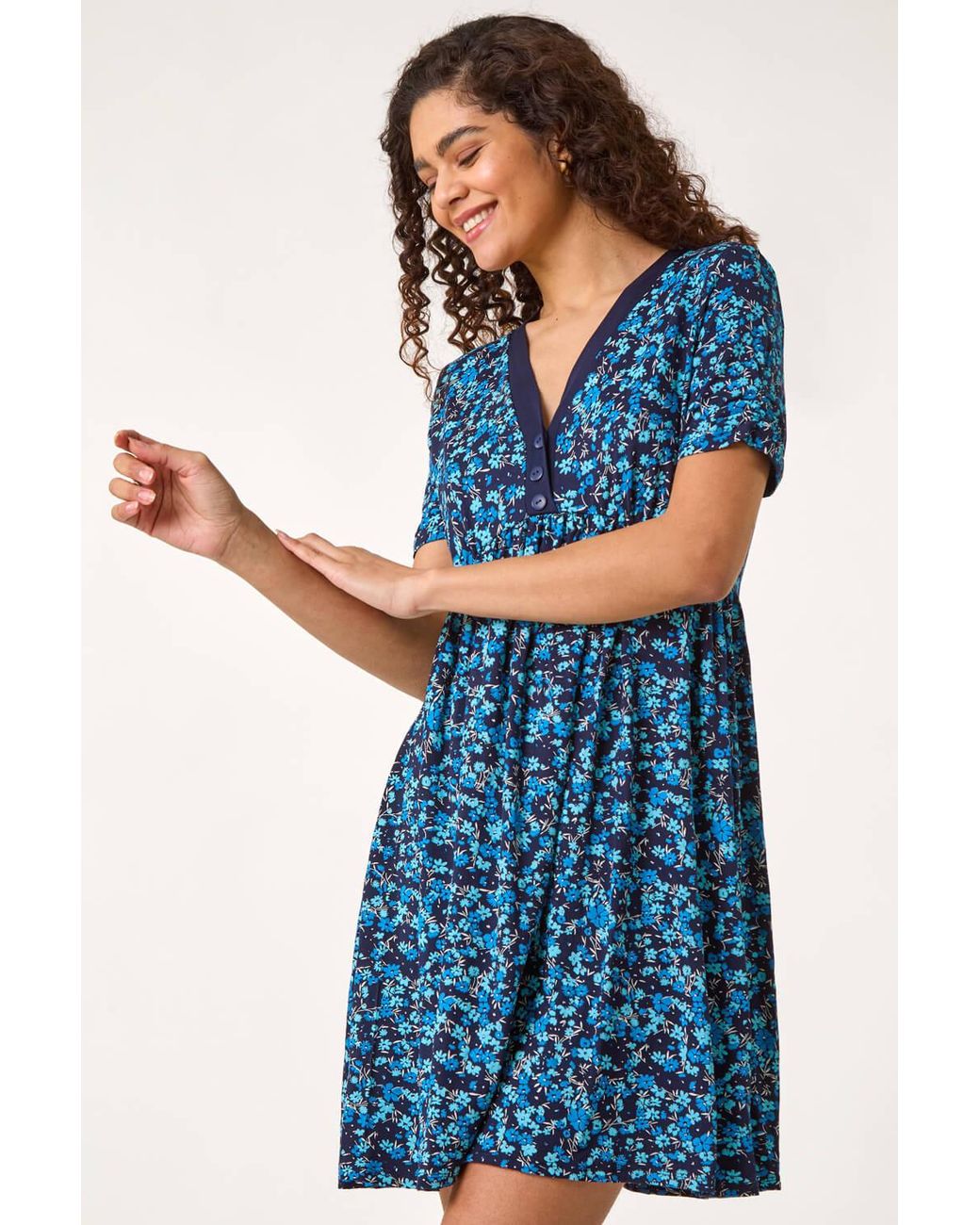 Roman Blue Floral Print Contrast Band Dress