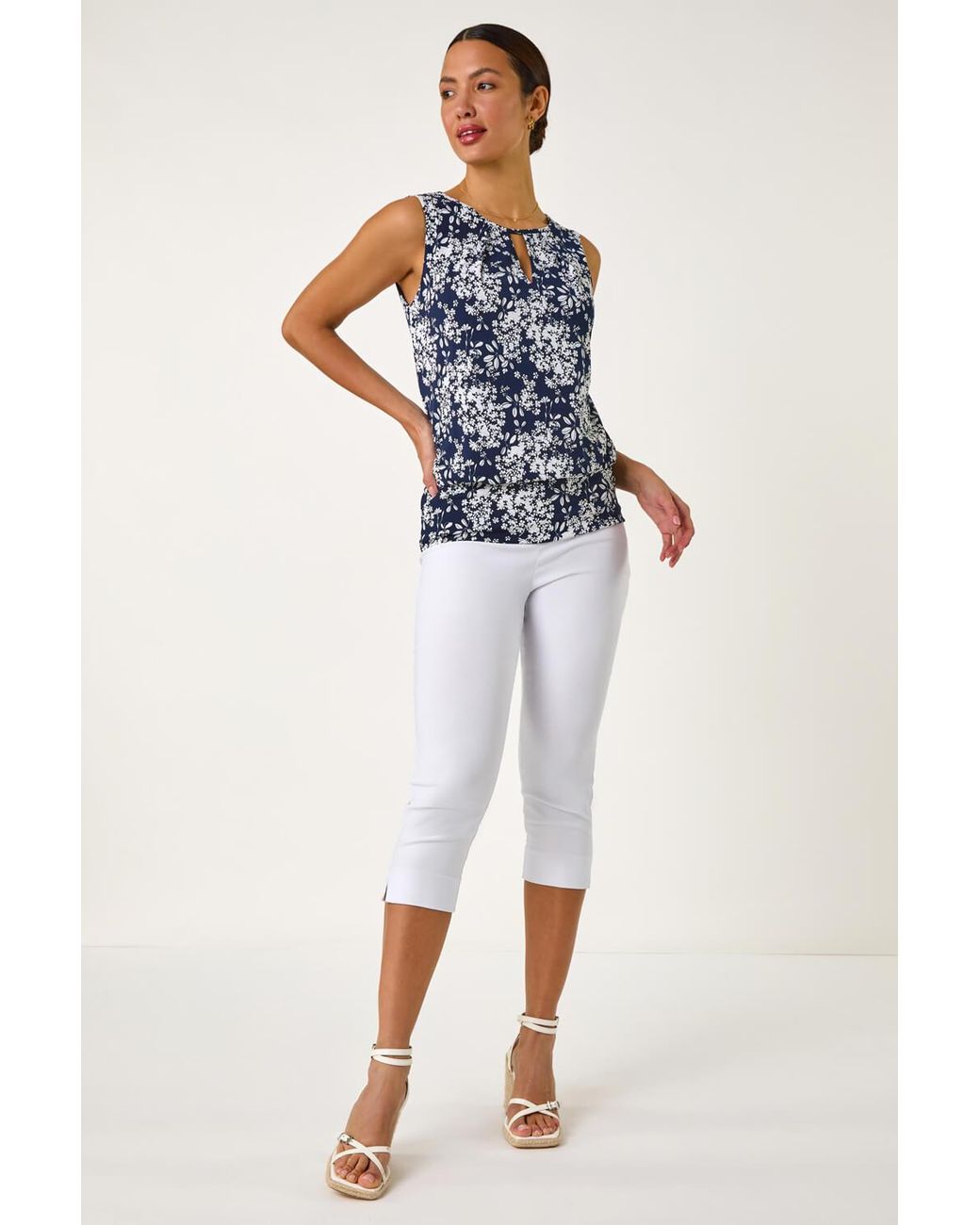 Roman Blue Textured Ditsy Floral Print Top