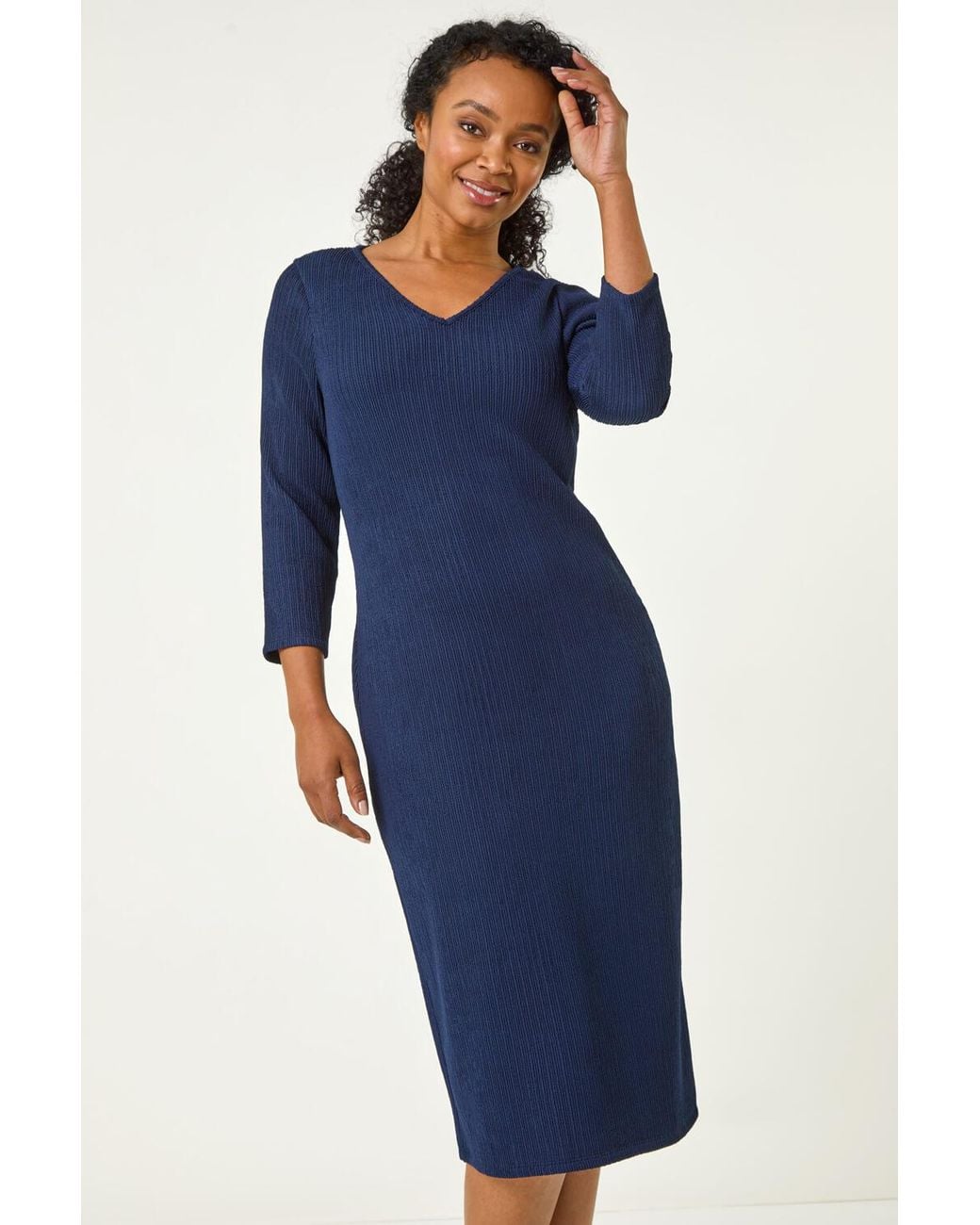 Roman Petite Blue Textured V-Neck Midi Dress